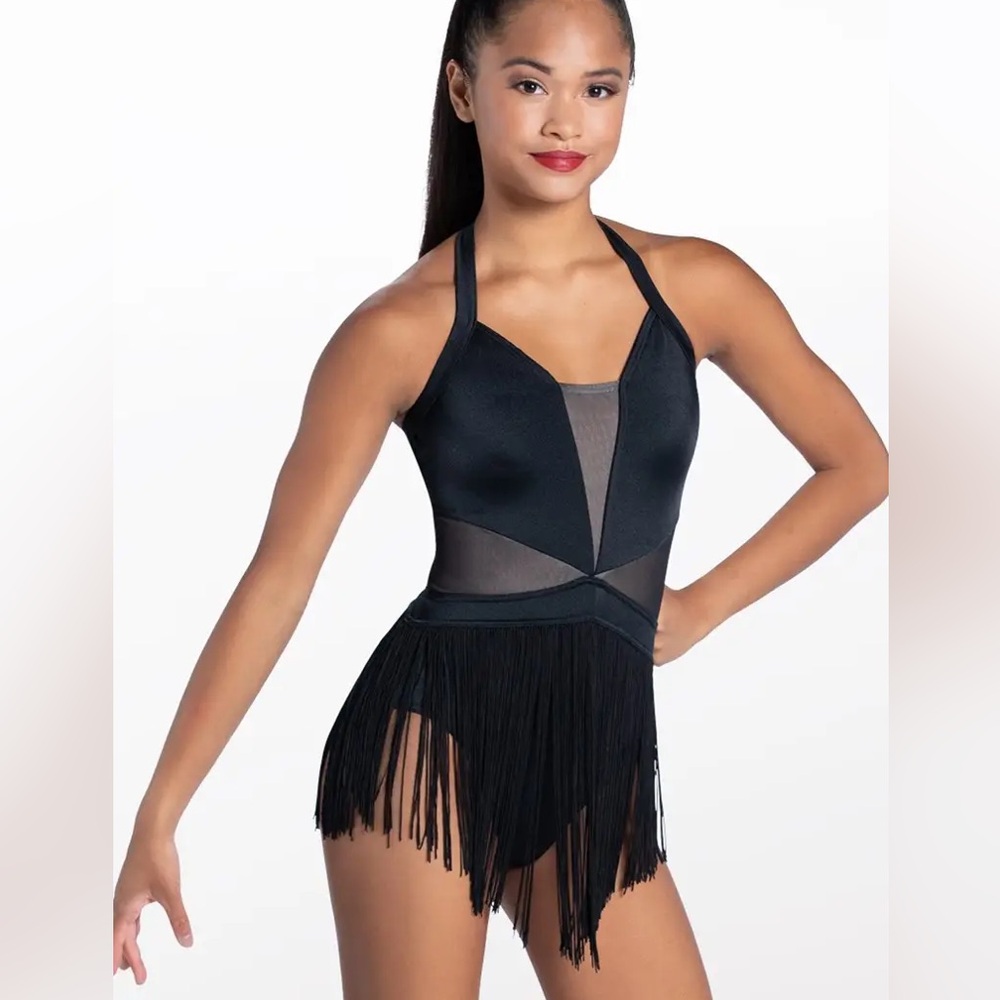 Weissman Balera dance costume black‎ LUSTRE FRINGE HALTER DRESS D11359 MA (A11)